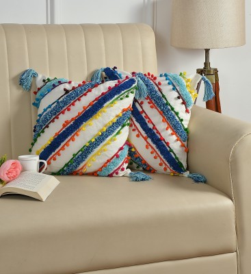 DKDECORATIVE Embroidered Cushions Cover(Pack of 2, 40 cm*40 cm, Blue, Light Blue, White)