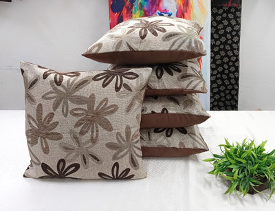 Real Desi Chenille Cushions Cover(40 cm*40 cm, Pack of 5, Brown, Cream)