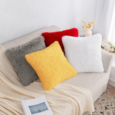PICKKART Multicolor Fur Cushion small sizes pack of 4 Microfibre Solid Cushion Pack of 4(Red, White, Yellow, Grey)