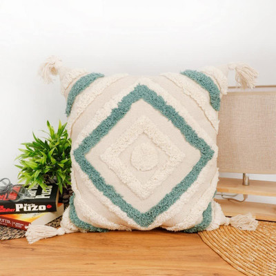 BANJARADECOR Cotton Cushions & Pillows Cover(40 cm*40 cm, White, Green)