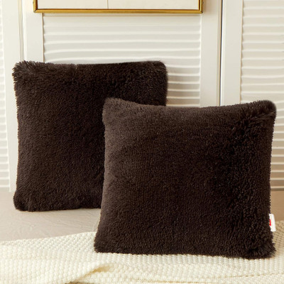 Wondershala Fur, Faux Silk Pillows Cover(40 cm*40 cm, Pack of 2, Brown)