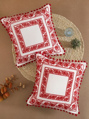 RATAN CART Embroidered Cushions Cover(Pack of 2, 40 cm*40 cm, White, Red)