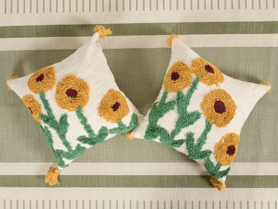 Kravika Floral Cushions Cover(Pack of 3, 40 cm*40 cm, Yellow, Green, Cream)