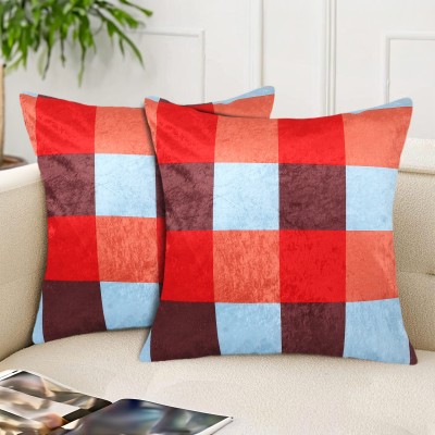Tesmare Checkered Cushions & Pillows Cover(Pack of 2, 60 cm*60 cm, Light Blue, Brown, Red)