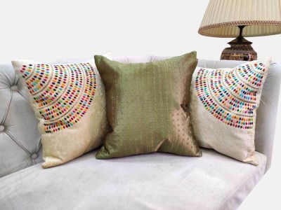 GOOD VIBES Embroidered Cushions & Pillows Cover(Pack of 3, 40 cm*40 cm, Cream, Green, Multicolor)