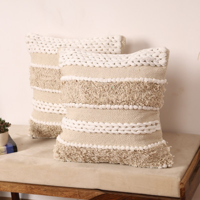 DECOWAT Cotton Cushions Cover(40 cm*40 cm, Pack of 2, Beige, Cream, White)