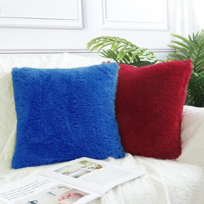 PICKKART Fur Pillows Cover(Pack of 2, 40.6 cm*40.6 cm, Dark Blue, Red)