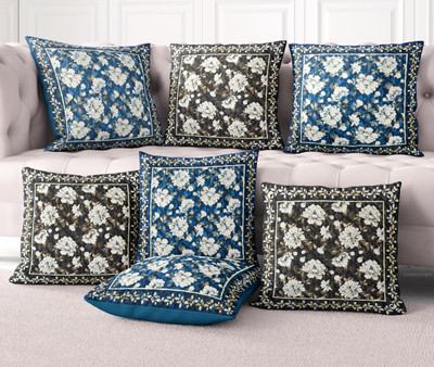LoomJungle Polycotton Cushions Cover(Pack of 7, 40 cm*40 cm, Blue, Brown)