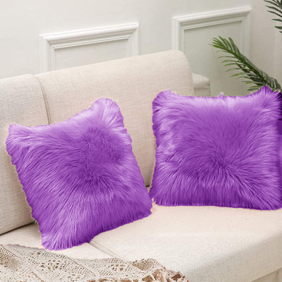 KNEFT Square Shape Fur Pillow Microfibre Solid Cushion Pack of 2(LEVENDER)