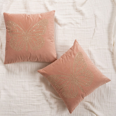 FINGERCRAFT Polyester Cushions Cover(40 cm*40 cm, Pack of 2, Peach, Gold)
