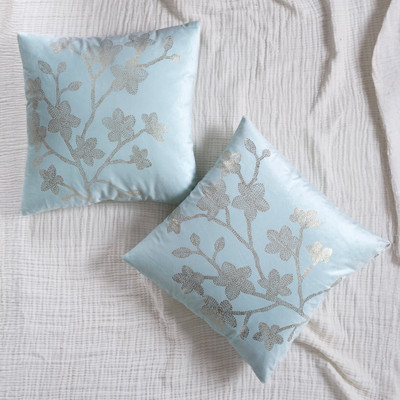FINGERCRAFT Polyester Cushions Cover(40 cm*40 cm, Pack of 2, Light Blue, Gold)