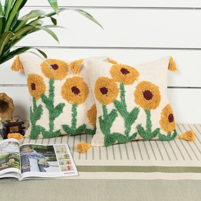 Kravika Floral Cushions & Pillows Cover(Pack of 5, 30 cm*30 cm, Yellow, Green, Ivory)