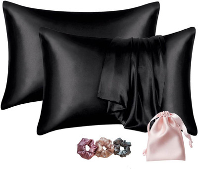 Wesofy Satin, Silk Pillows Cover(18 cm*28 cm, Pack of 2, Black)