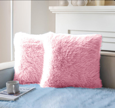 KNEFT Furry Pillow Square Shape for Sofa Microfibre Solid Cushion Pack of 2(Baby Pink)
