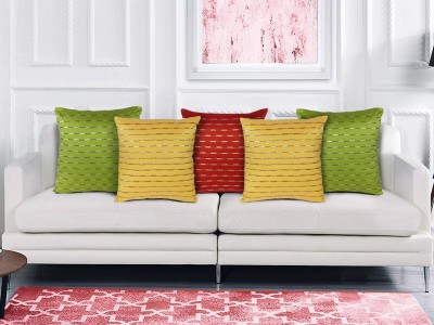 Homestory Embroidered Cushions Cover(Pack of 5, 40 cm*40 cm, Green, Yellow, Multicolor)