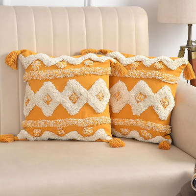 SAKIRAS Cotton Cushions Cover(40.64 cm*40.64 cm, Pack of 2, Yellow, Cream)