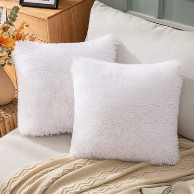 PICKKART Fur Pillow, Small Plush Cushion for Sofa/ Home Decor Microfibre Solid Cushion Pack of 2(White)