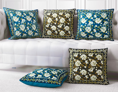 LoomJungle Polycotton Cushions Cover(40 cm*40 cm, Pack of 5, Blue, Brown)