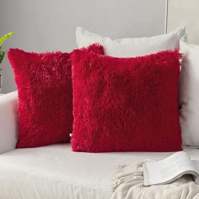 Wondershala Fur, Faux Silk, Microfiber Cushions Cover(Pack of 2, 40 cm*40 cm, Red)