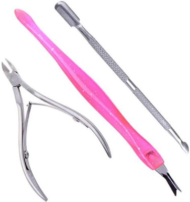 KNAF 3Pcs Nail Cuticle Nipper Spoon Pusher Remover Cutter Clipper Trimmer Nail Art Dual Ended Cuticle Pusher With Filer(Pack of 1)
