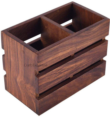 Ghazi Shoppe 2 Compartments Wooden Cutlery Holder/Spoon Holder/Pen Holder Multipurpose Stand(Brown)