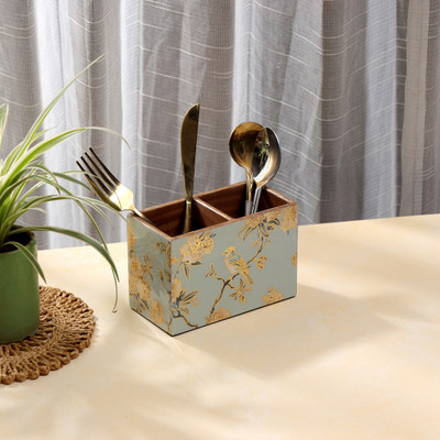 DULI Empty Cutlery Holder Case(2 Section Cutlery Holder, Spoon Stand with Birds Print Chammach Stand  Holds 10 Pieces)