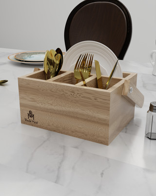 Woodsimth Empty Cutlery Holder Case(World Mart Cutlery Holder with Handle & 4 Partitions for Kitchen, Natural Finish  Holds 25 Pieces)