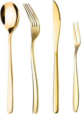 YELONA Set of 4 Luxury Golden Flatware Set Spoon | Fork | Steak Knife & Fruit Fork Stainless Steel Cutlery Set(Pack of 4)