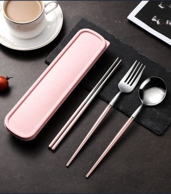 YELONA Luxury Silver Cutlery Set With Case, Spoon, Fork, Chopsticks - Baby Pink Handle Stainless Steel Cutlery Set(Pack of 4)