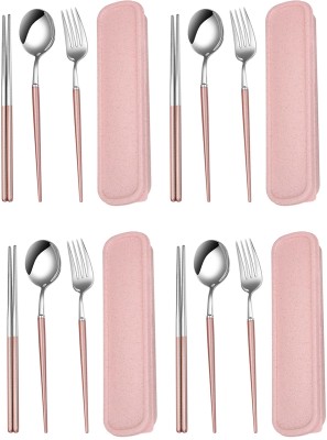 Daidokoro Luxury Silver Cutlery Set With Case, Spoon, Fork, Chopsticks - Baby Pink Handle Stainless Steel Cutlery Set(Pack of 16)