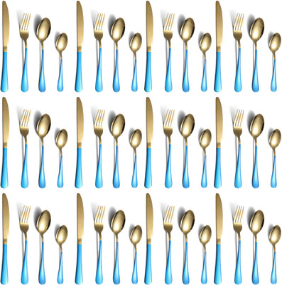 UniKart Golden Cutlery Set with Persian Blue Handle|for Dinner, Fruit, Café, Desserts Stainless Steel Cutlery Set(Pack of 48)