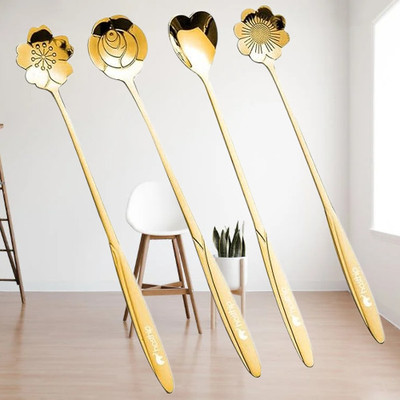 RHNFASHION RHNFASHION 4pcs golden spons,coffee spoon, flower teaspoons,Desserts Spoons Stainless Steel Cutlery Set(Pack of 4)