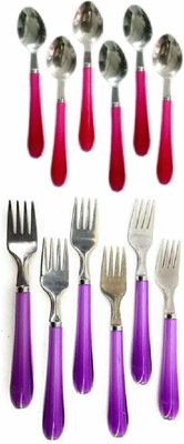 VACULACE Steel 6 Fork & 6 Spoons with Plastic Handle for Dining Table (Set of 12) Stainless Steel, Plastic Cutlery Set(Pack of 12)