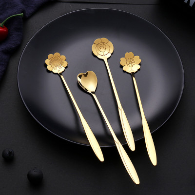 JIYAENTERPRISES Desert Spoon 4pcs Set Long Handle Flowers Shaped Stirring Golden Spoons Disposable Stainless Steel Cutlery Set(Pack of 1)