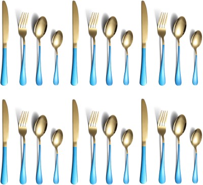 Daidokoro 24Pcs Golden Cutlery Set with Spoon, Fork, Butter Knife & Desert Spoon - Blue Stainless Steel Cutlery Set(Pack of 24)