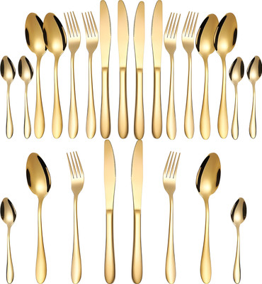 MANISHAWARE Manishaware - Glided Gold Flatware Serve for 6- 24 Pcs Stainless Steel Cutlery Set(Pack of 24)
