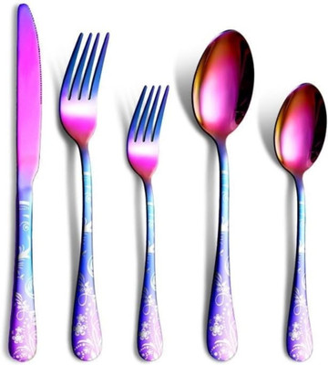 KitchAntique Rainbow Silverware Set | 5-Pcs Flatware Set with Floral Printed Handle Stainless Steel Cutlery Set(Pack of 1)