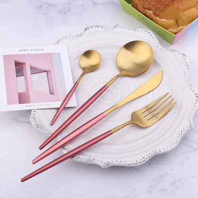 YELONA Premium Gold Dinnerware Set Includes Dinner Knife/Fork/Spoon With Pink Handle Stainless Steel Cutlery Set(Pack of 4)
