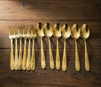 S AKHLAK 12 Pcs Gold Plated Cutlery Set | Stainless Steel Spoon Fork Set | Luxury Dining Stainless Steel Cutlery Set(Pack of 12)