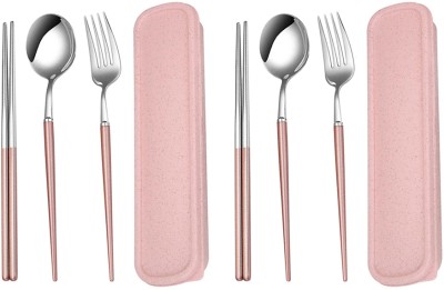 YELONA Luxury Silver Cutlery Set With Case, Spoon, Fork, Chopsticks - Baby Pink Handle Stainless Steel Cutlery Set(Pack of 8)