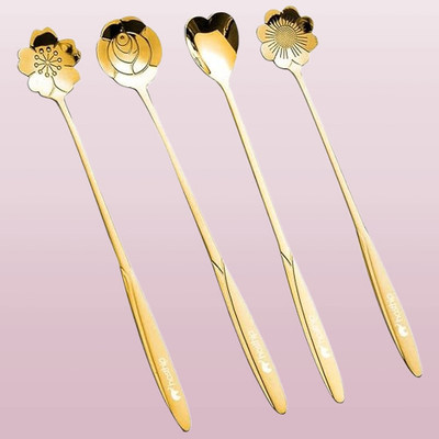 RHNFASHION RHNFASHION 4pcs golden spons,coffee spoon, flower teaspoons,Desserts Spoons Stainless Steel Cutlery Set(Pack of 4)