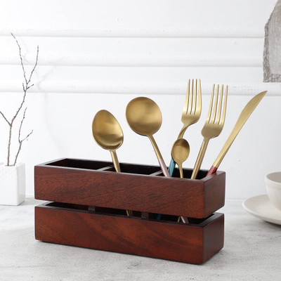 Neelam Store Mango Wood Cutlery Holder Spoon Stand for Dining Table of 3 Sections Disposable Wooden Cutlery Set(Pack of 1)