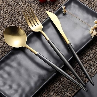 BONZEAL 410 Stainless Steel Gold Black Cutlery Set For 4 Mirror Finish Spoon Fork Knife Stainless Steel Cutlery Set(Pack of 12)