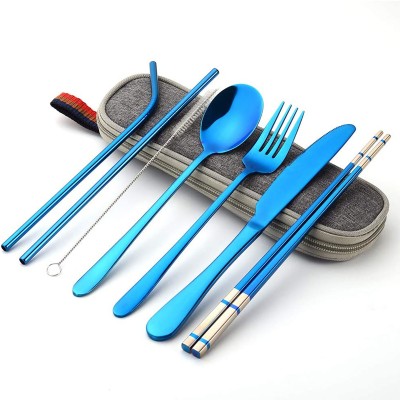 UniKart Blue Travel & Camping dinner set for Lunch, Fruit, Café, Desserts with Case Stainless Steel Cutlery Set(Pack of 8)