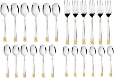 FnS Raga 24Karat Gold Plated 6 Dinner Spoon, 6 Dinner Fork, 6 Teaspoon, 6 Baby Spoon Stainless Steel Cutlery Set(Pack of 24)