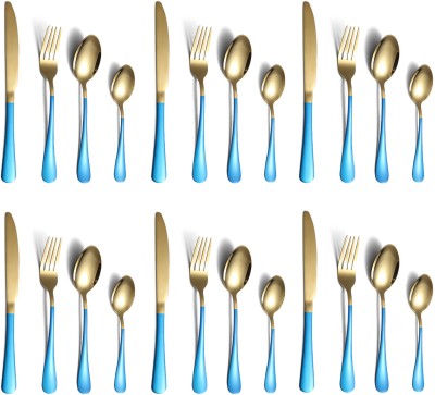 YELONA 24Pcs Golden Cutlery Set with Spoon, Fork, Butter Knife & Desert Spoon - Blue Stainless Steel Cutlery Set(Pack of 24)