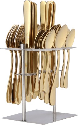 FnS FNS Aurik Gold Plated Premium Stainless Steel 24 pcs Cutlery Set With Stand Stainless Steel Cutlery Set(Pack of 24)