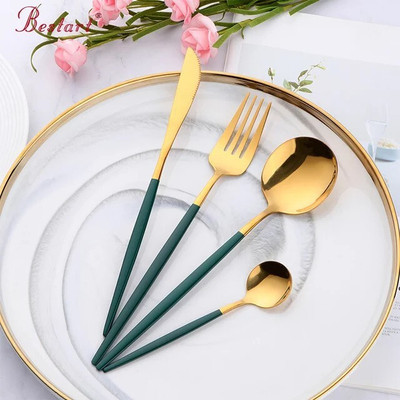 YELONA Premium Gold Dinnerware Set Includes Dinner Knife/Fork/Spoon With Green Handle Stainless Steel Cutlery Set(Pack of 4)