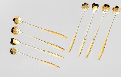 GOPINATH AUTOLINK 8pcs Golden Spoons Coffee Spoon Flower Teaspoons Desserts Spoons Stainless Steel Cutlery Set(Pack of 8)
