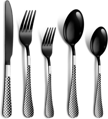 Motka Matte Black Silverware Set | 5-Pcs Flatware With Unique Checks Print Handle Stainless Steel Cutlery Set(Pack of 5)